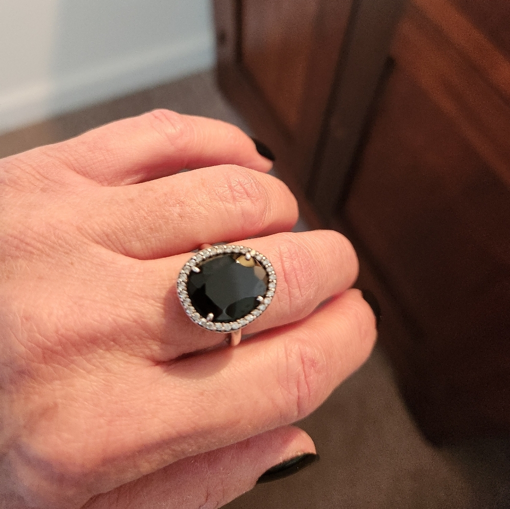 PANDORA ONYX & CZ 925 STERLING SILVER RING
